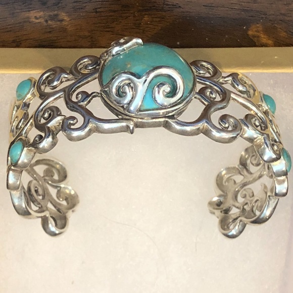 BARSE Sterling Silver Scroll Filigree Overlay Turquoise Cabochon Cuff Bracelet - Picture 3 of 5